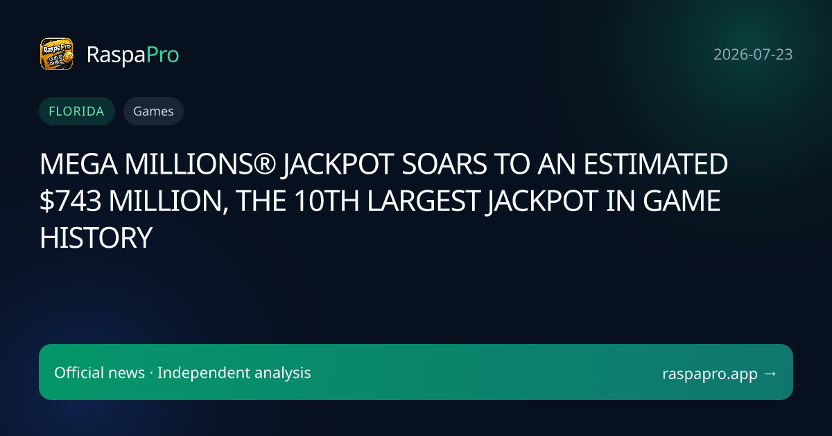 MEGA MILLIONS® JACKPOT SOARS TO AN ESTIMATED $743 MILLION, THE 10TH LARGEST JACKPOT IN GAME HISTORY