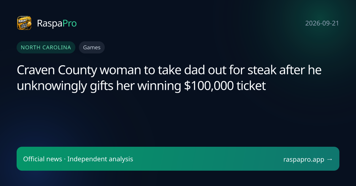 Craven County woman to take dad out for steak after he unknowingly gifts her winning $100,000 ticket