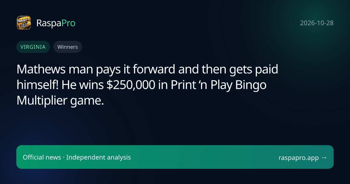 Mathews man pays it forward and then gets paid himself! He wins $250,000 in Print ‘n Play Bingo Multiplier game.