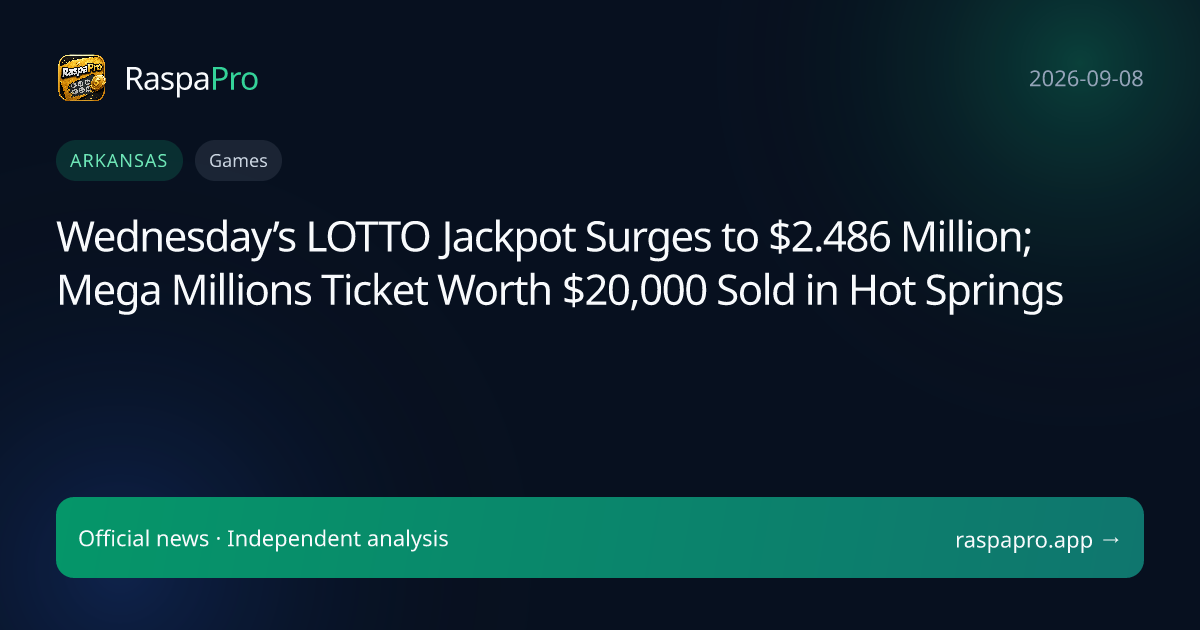 Wednesday’s LOTTO Jackpot Surges to $2.486 Million; Mega Millions Ticket Worth $20,000 Sold in Hot Springs